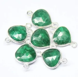 2pc, 18mm, Natural Emerald Heart 925 Sterling Silver Connector Finding, Emerald Connector