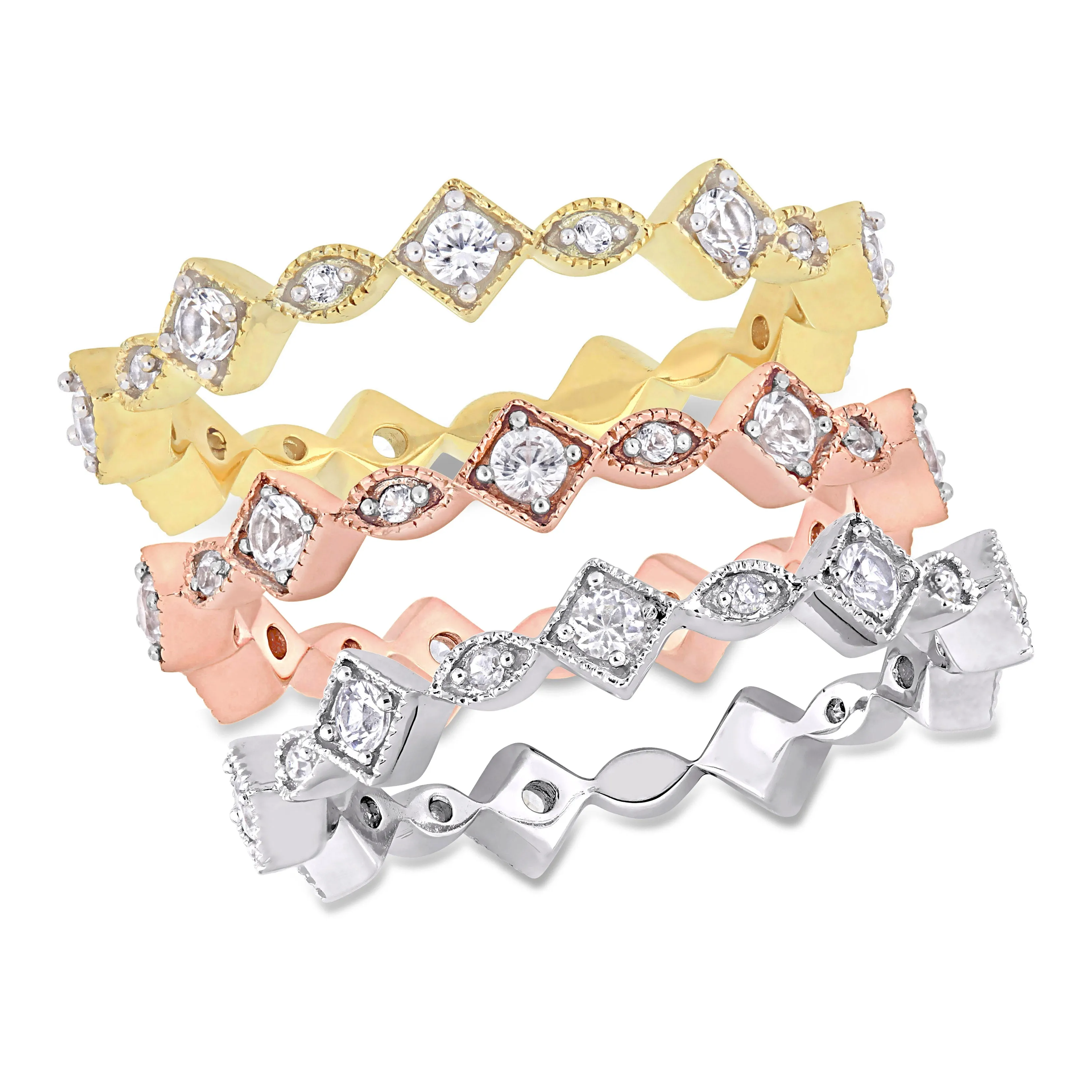 3 Pc Set Of 1-5/8 CT TGW CREATED WHITE SAPPHIRE Stacking RINGS in 10K PINK,White & Yellow GOLD