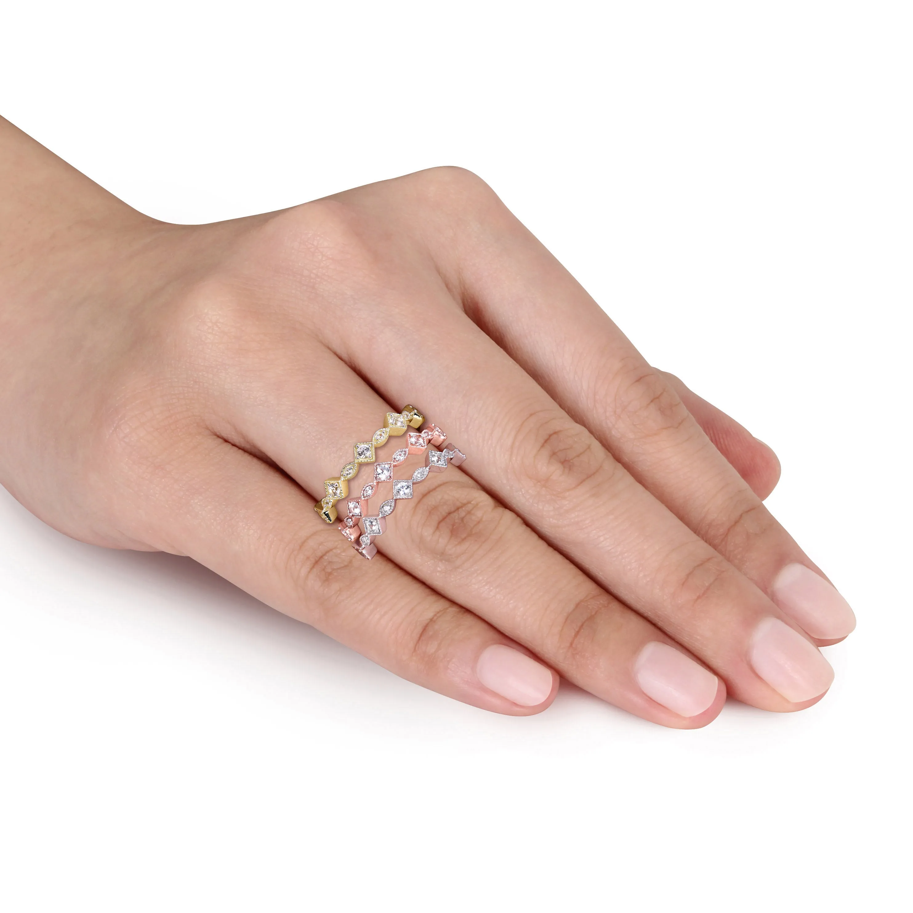 3 Pc Set Of 1-5/8 CT TGW CREATED WHITE SAPPHIRE Stacking RINGS in 10K PINK,White & Yellow GOLD