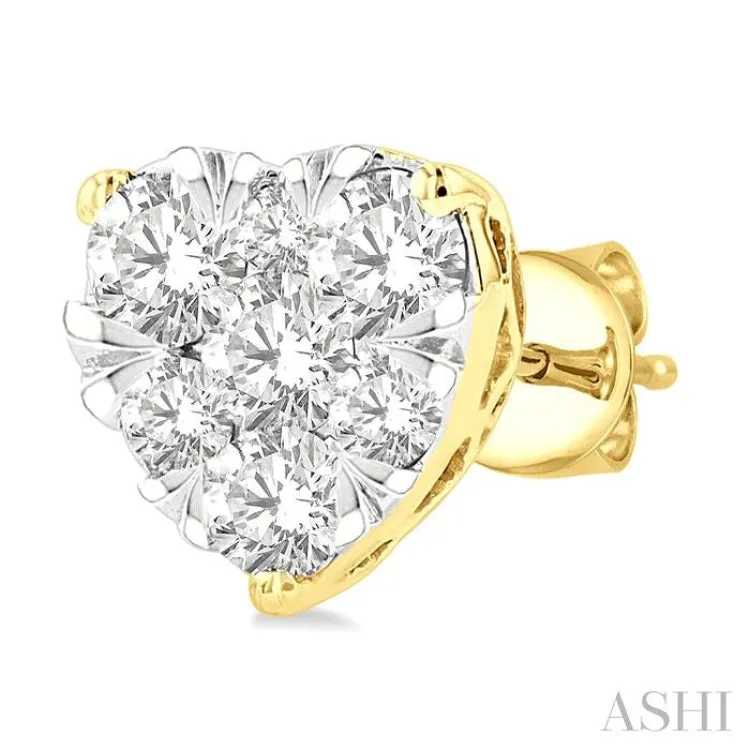 3/4 ctw Heart Shape Lovebright Round Cut Diamond Stud Earring in 14K Yellow and White Gold