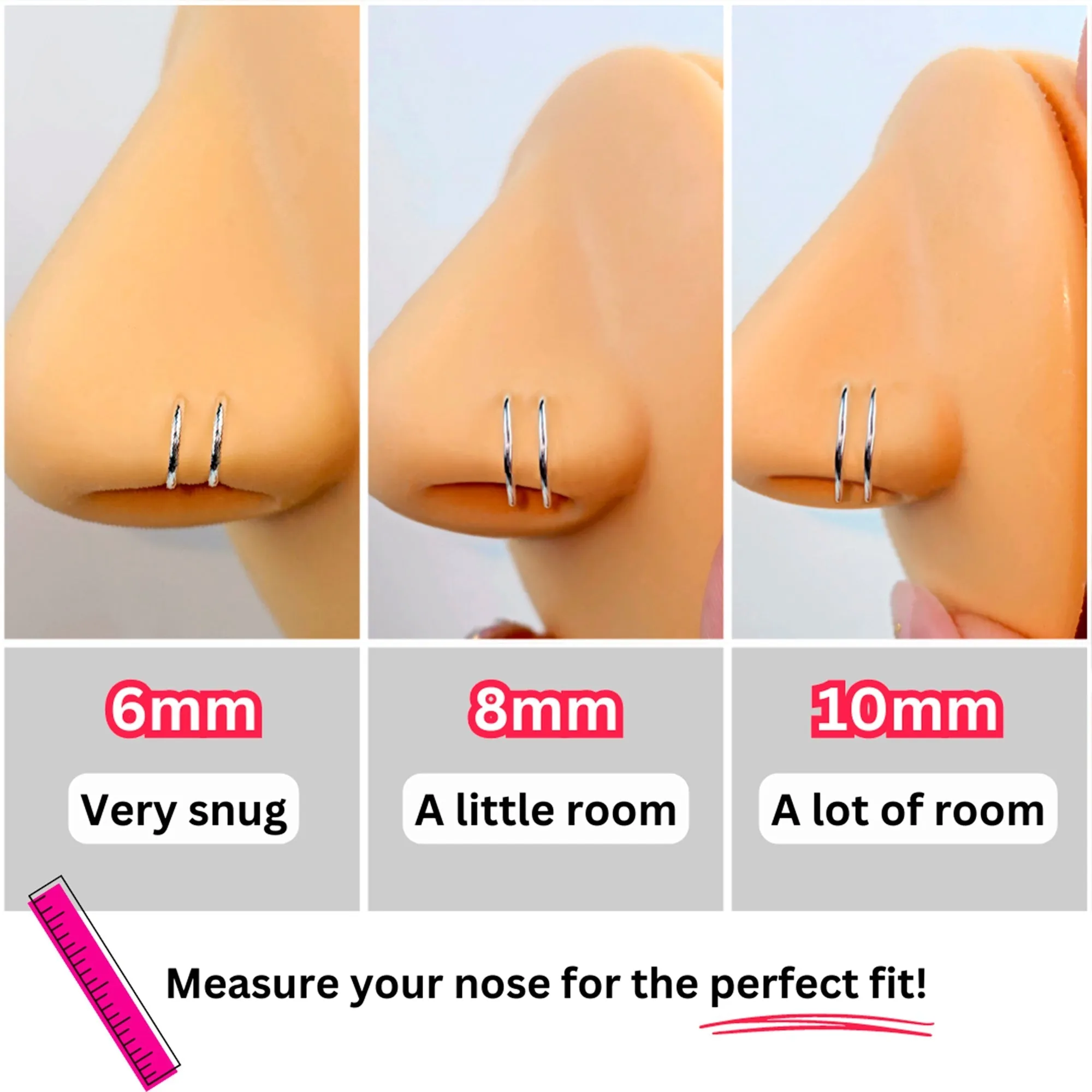 3Pack Double Hoop Nose 14k Gold Filled and 925 Silver Spiral Nose Rings 20 Gauge 8mm Left