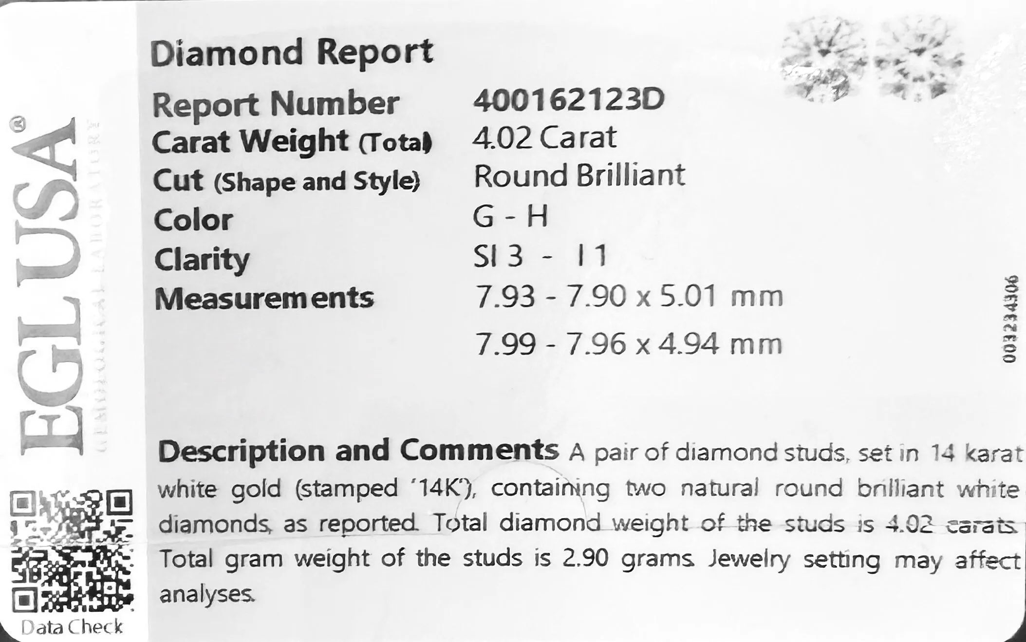 4.02ct Total Weight Diamond Stud Earrings in 14K White Gold Basket Setting