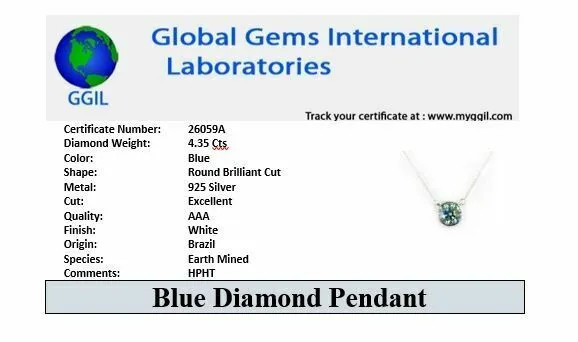 4.35 Ct, Certified Blue Diamond Beautiful Pendant With White Gold Finish, Great Shine & Luster ! WATCH VIDEO