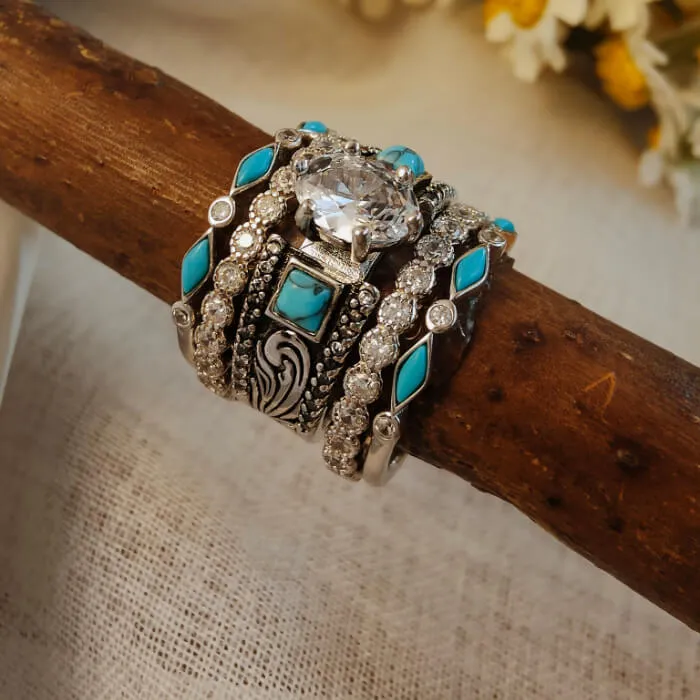 5pc Oval Cut VintageWestern Turquoise Wide Band Wedding Ring Set