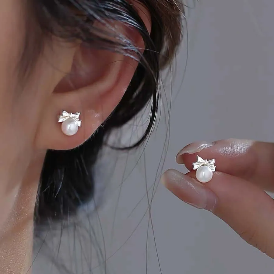925 Silver Bow Pearl Ball Back Earrings
