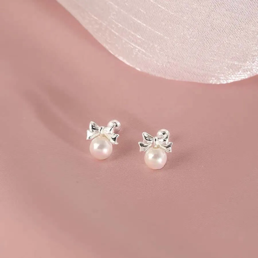 925 Silver Bow Pearl Ball Back Earrings