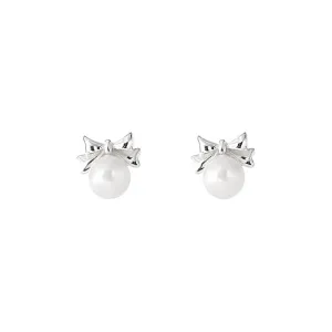 925 Silver Bow Pearl Ball Back Earrings