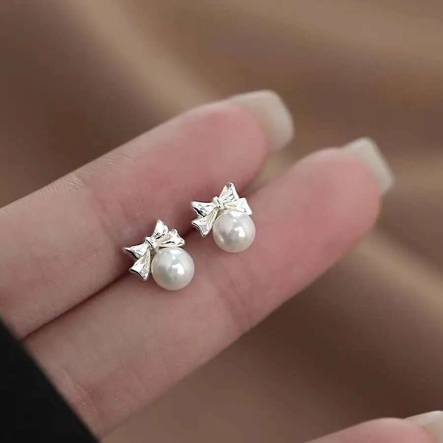 925 Silver Bow Pearl Ball Back Earrings