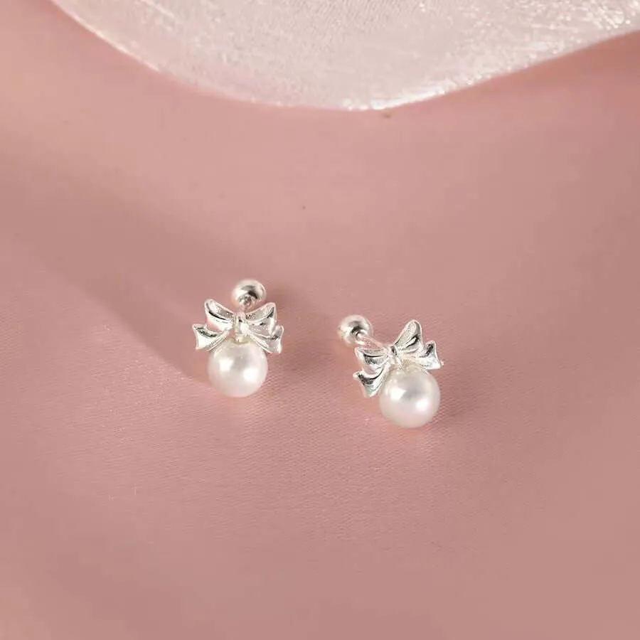 925 Silver Bow Pearl Ball Back Earrings