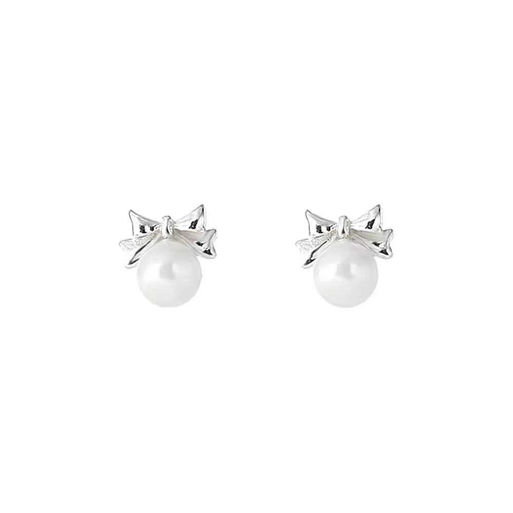 925 Silver Bow Pearl Ball Back Earrings