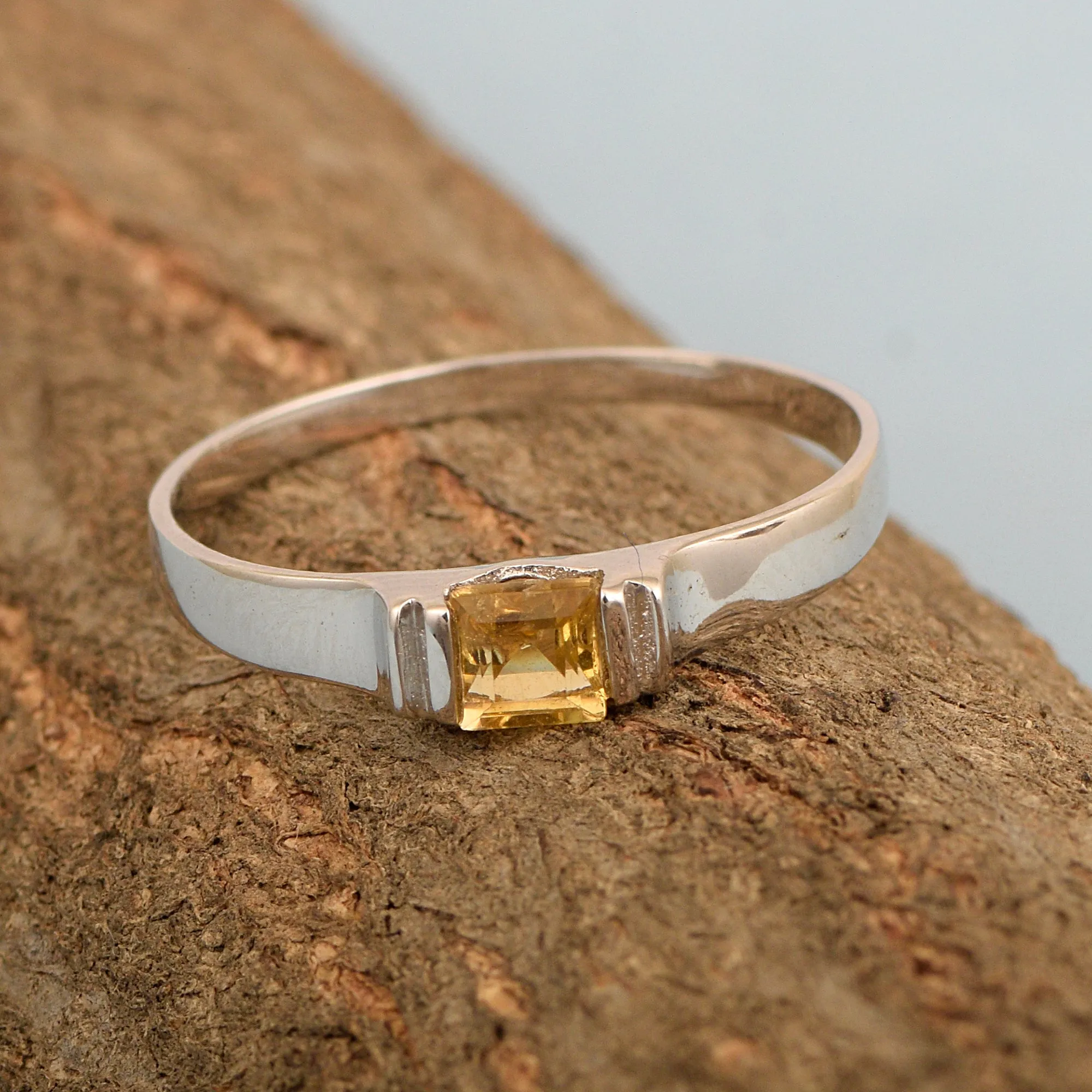 925 Sterling Silver Princess Cut 4MM Citrine Wedding Stacking Ring