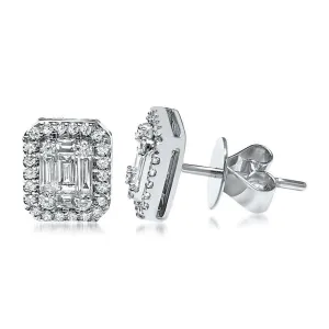 Aura™ 18K White Gold Halo Stud Earring 3/4cttw Round and Baguette (VS2-SI1)