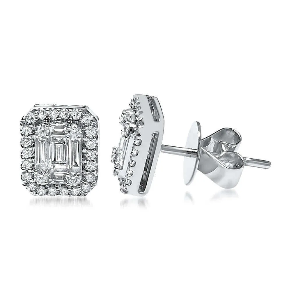 Aura™ 18K White Gold Halo Stud Earring 3/4cttw Round and Baguette (VS2-SI1)