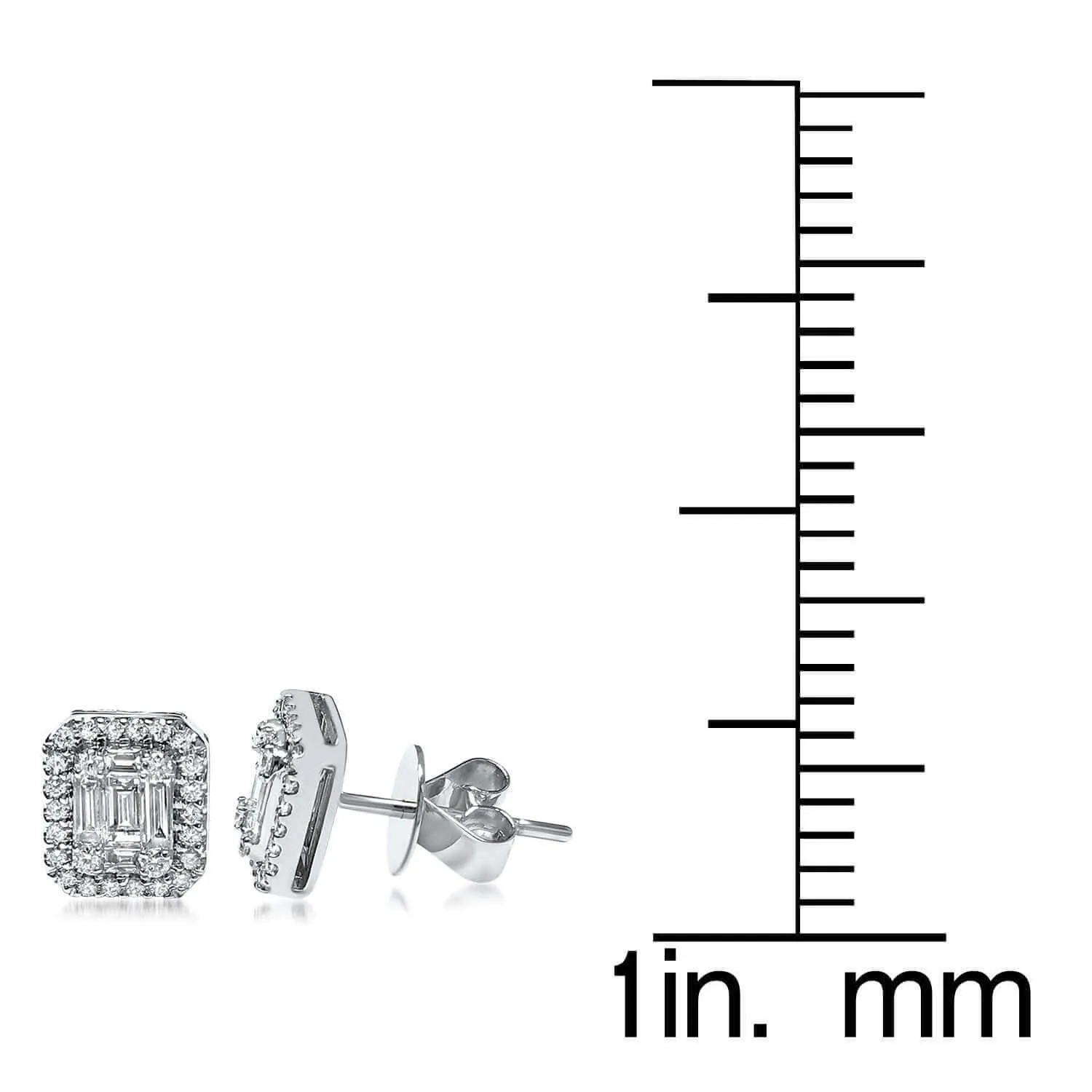 Aura™ 18K White Gold Halo Stud Earring 3/4cttw Round and Baguette (VS2-SI1)