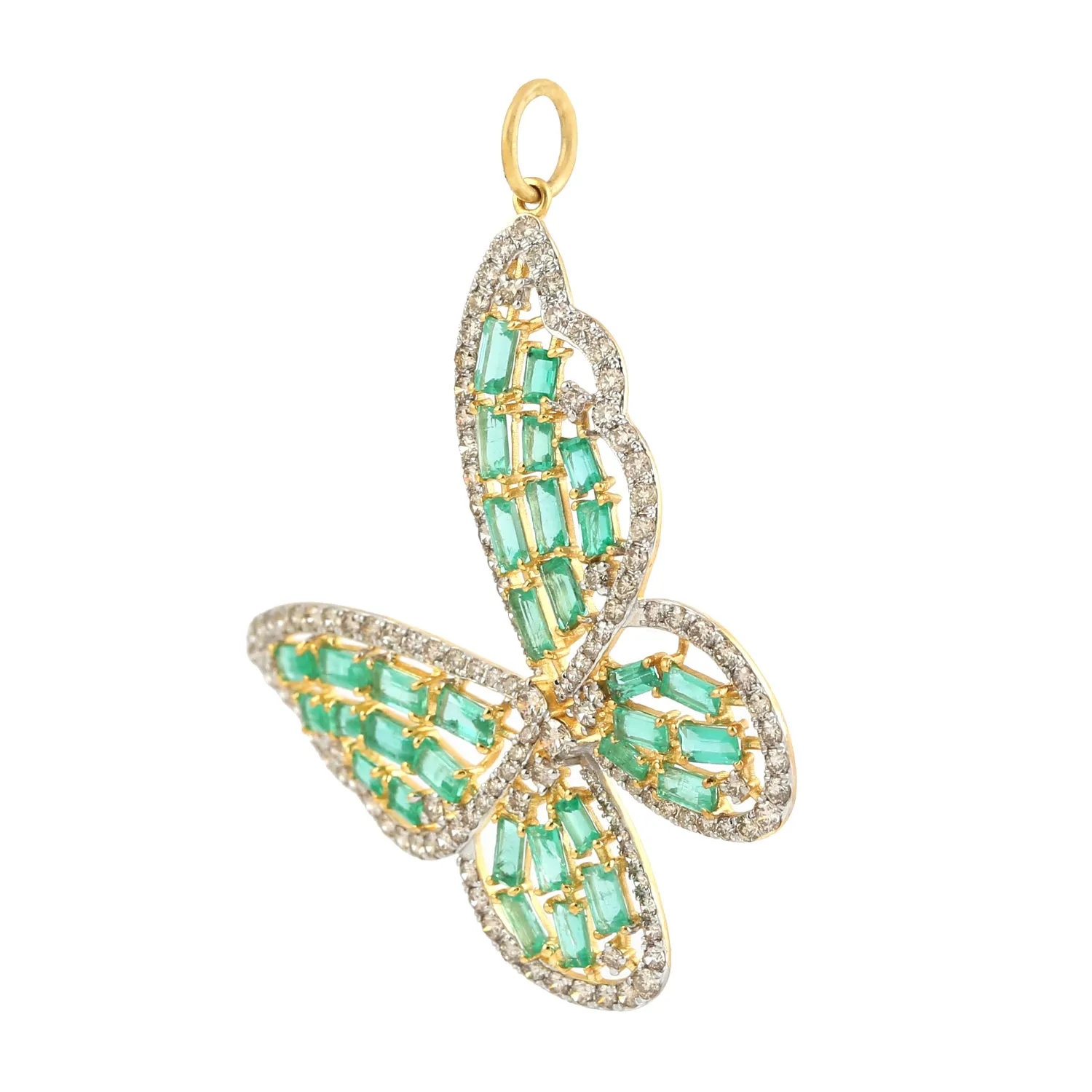 Baguette Cut Emerald Pave Diamond Butterfly Pendant In 14k Yellow Gold For Gift