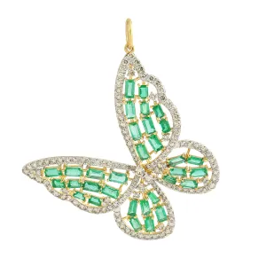 Baguette Cut Emerald Pave Diamond Butterfly Pendant In 14k Yellow Gold For Gift