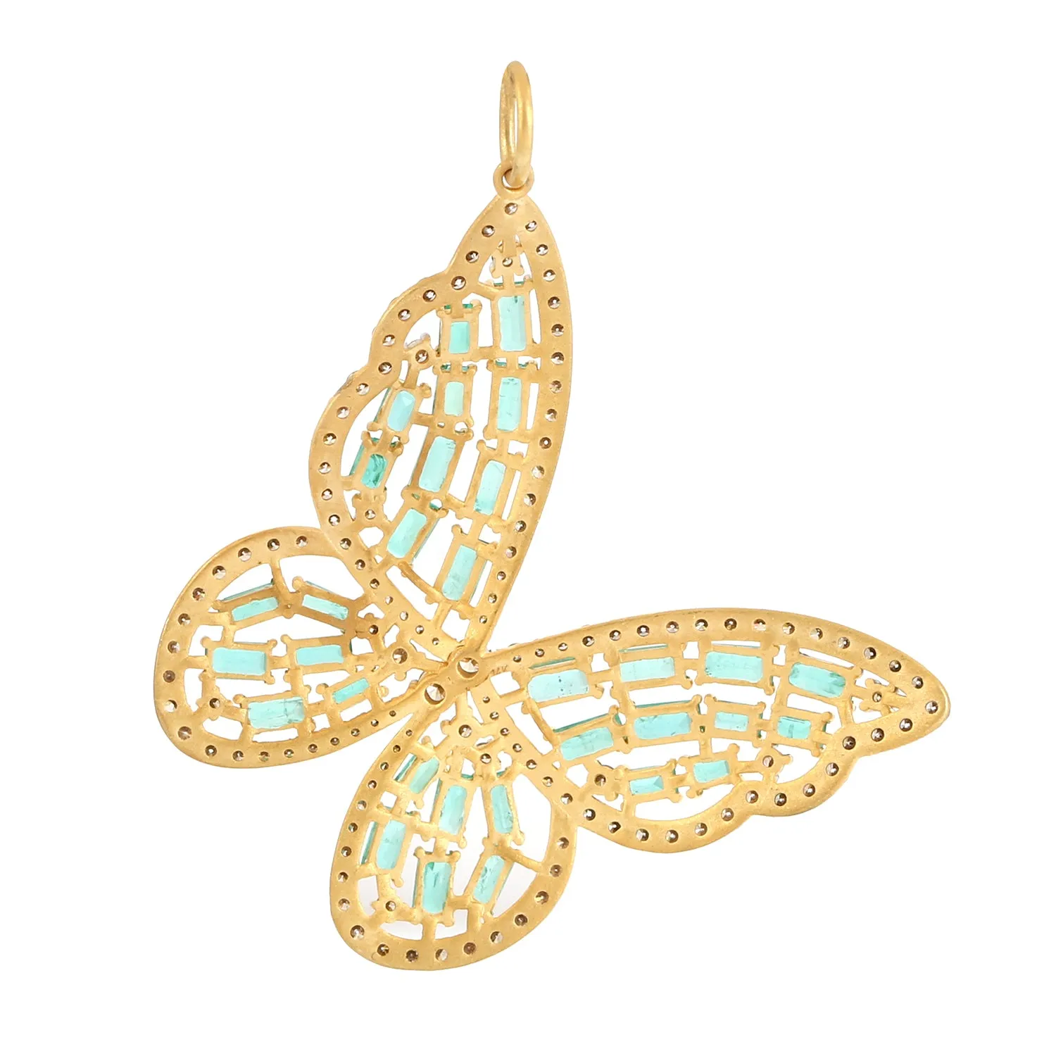 Baguette Cut Emerald Pave Diamond Butterfly Pendant In 14k Yellow Gold For Gift