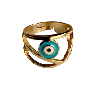 Bande de Vagabonds Floating Evil Eye (Nazar Bonju) Turkish Gold Brass Plated Handmade Fashion Ring