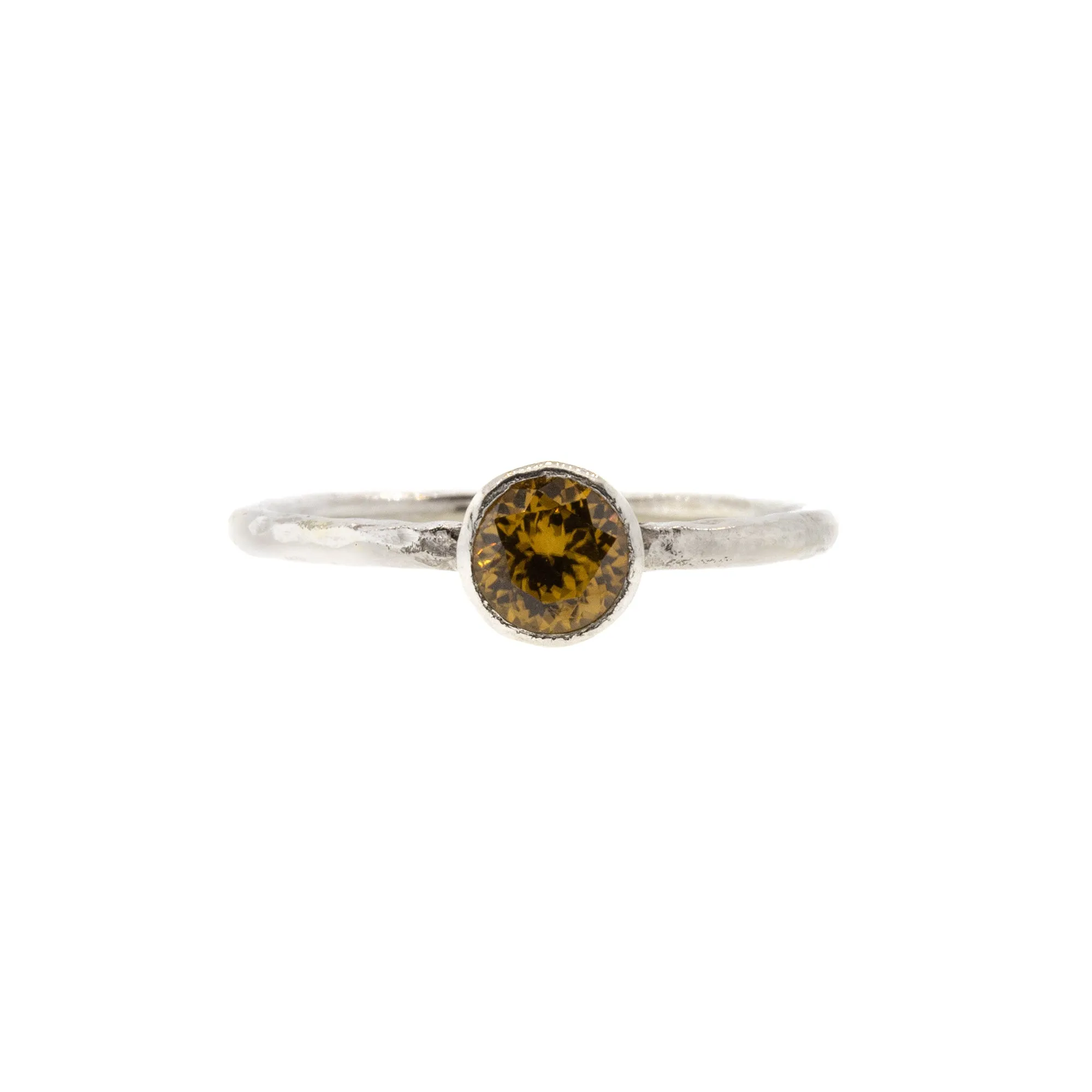 Bezel Set Bright Orange Zircon Hammered White Gold Ring