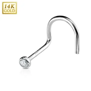 Bezel Set Clear CZ Ball 14K White Solid Gold Nose Screw Ring