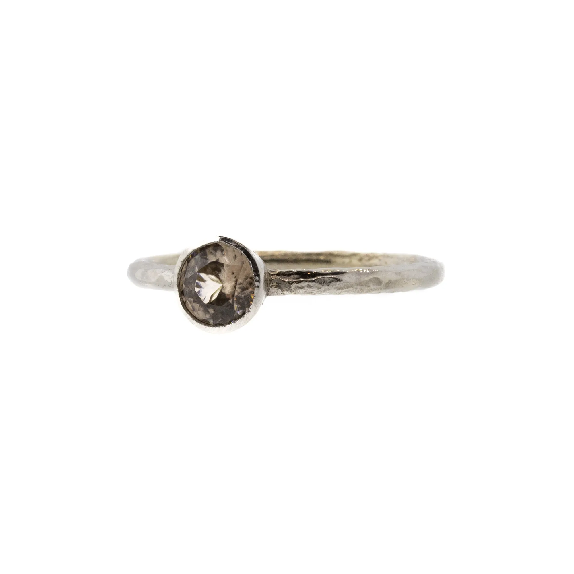 Bezel Set Light Yellow Orange Zircon Hammered White Gold Ring