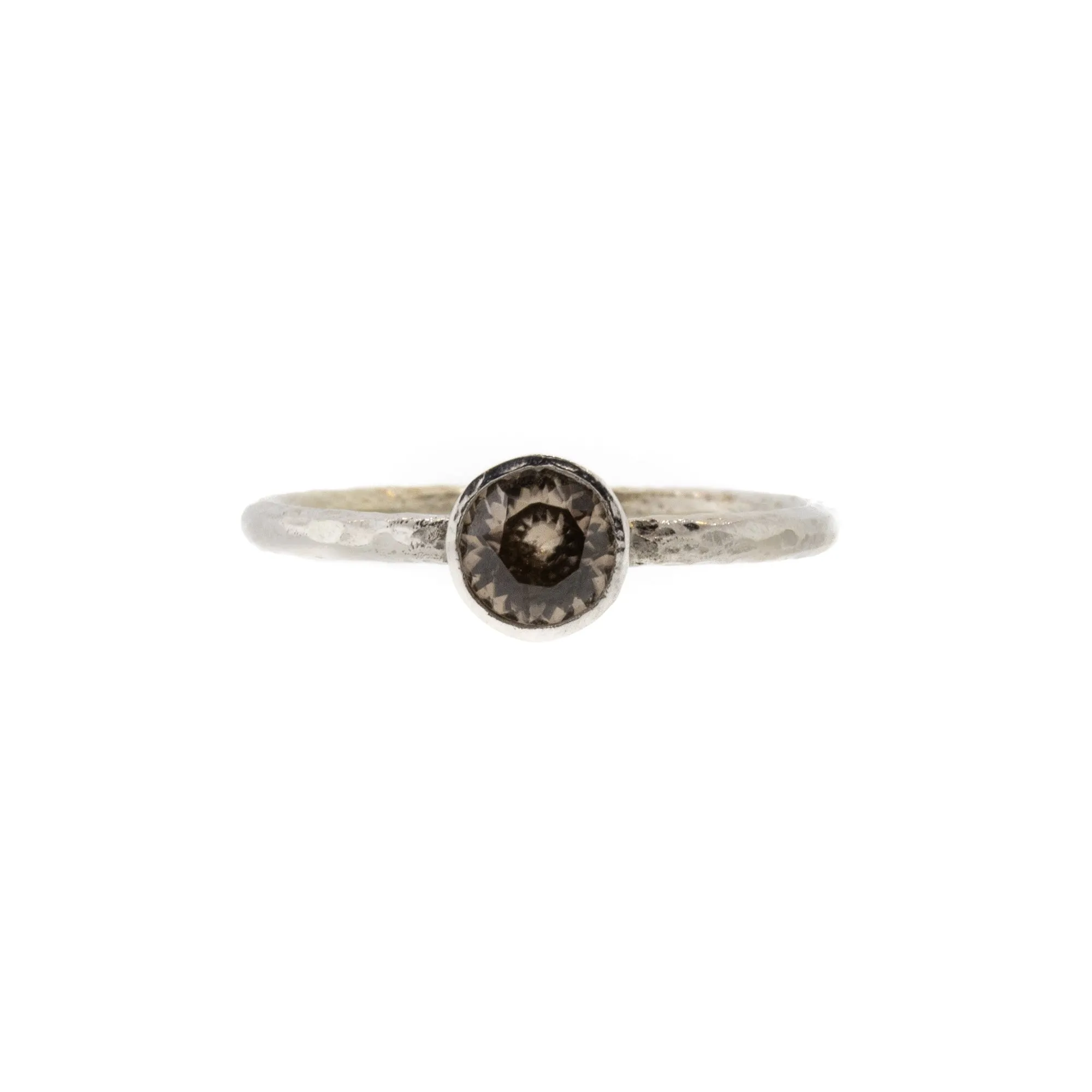 Bezel Set Light Yellow Orange Zircon Hammered White Gold Ring