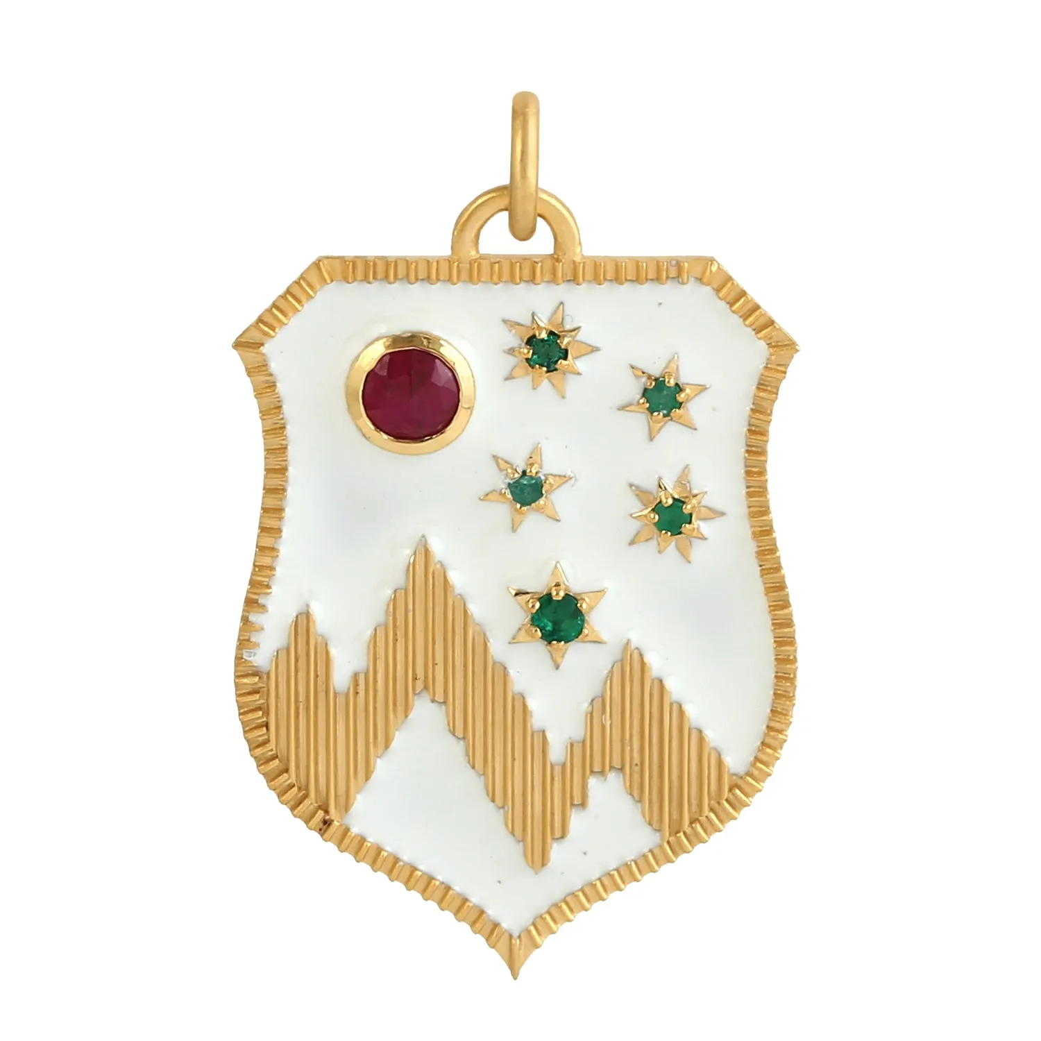 Bezel Set Ruby Prong Emerald Enamel Shield With Star Pendant In 14k Yellow Gold