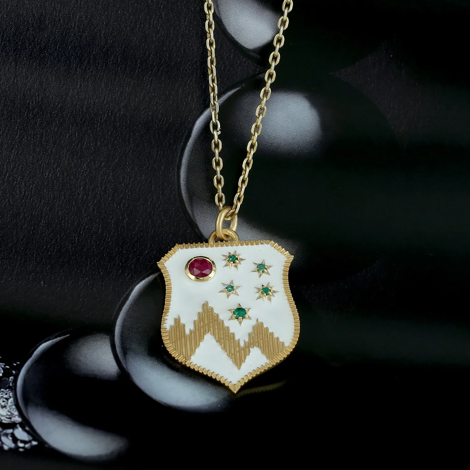 Bezel Set Ruby Prong Emerald Enamel Shield With Star Pendant In 14k Yellow Gold