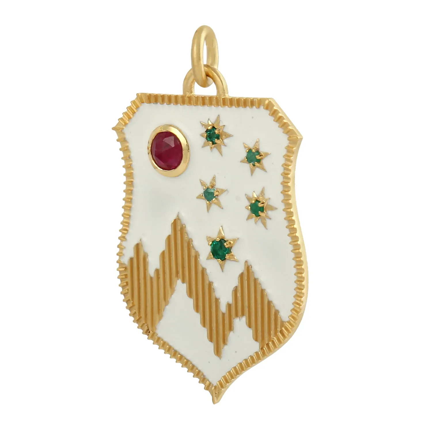 Bezel Set Ruby Prong Emerald Enamel Shield With Star Pendant In 14k Yellow Gold