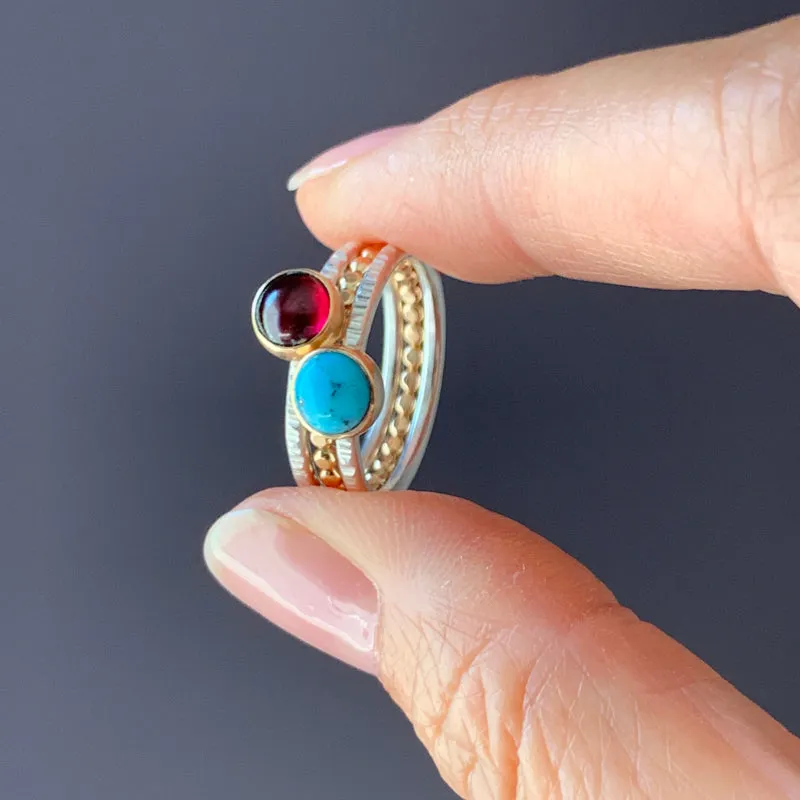 Bi-Metal 14k Gold Silver and Rainbow Moonstone Stacking Rings
