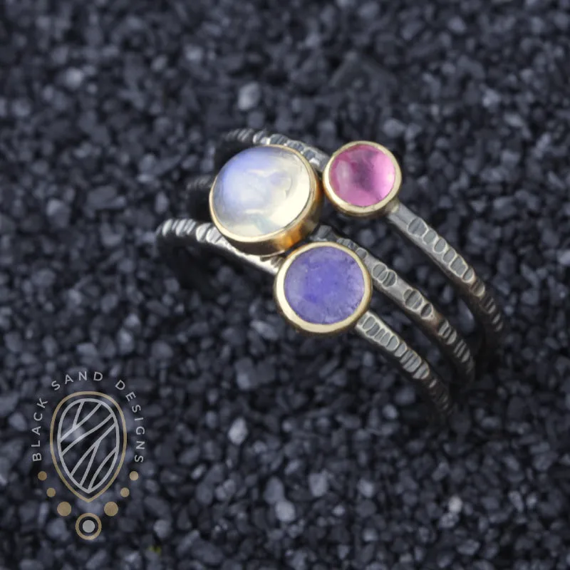Bi-Metal 14k Gold Silver and Rainbow Moonstone Stacking Rings