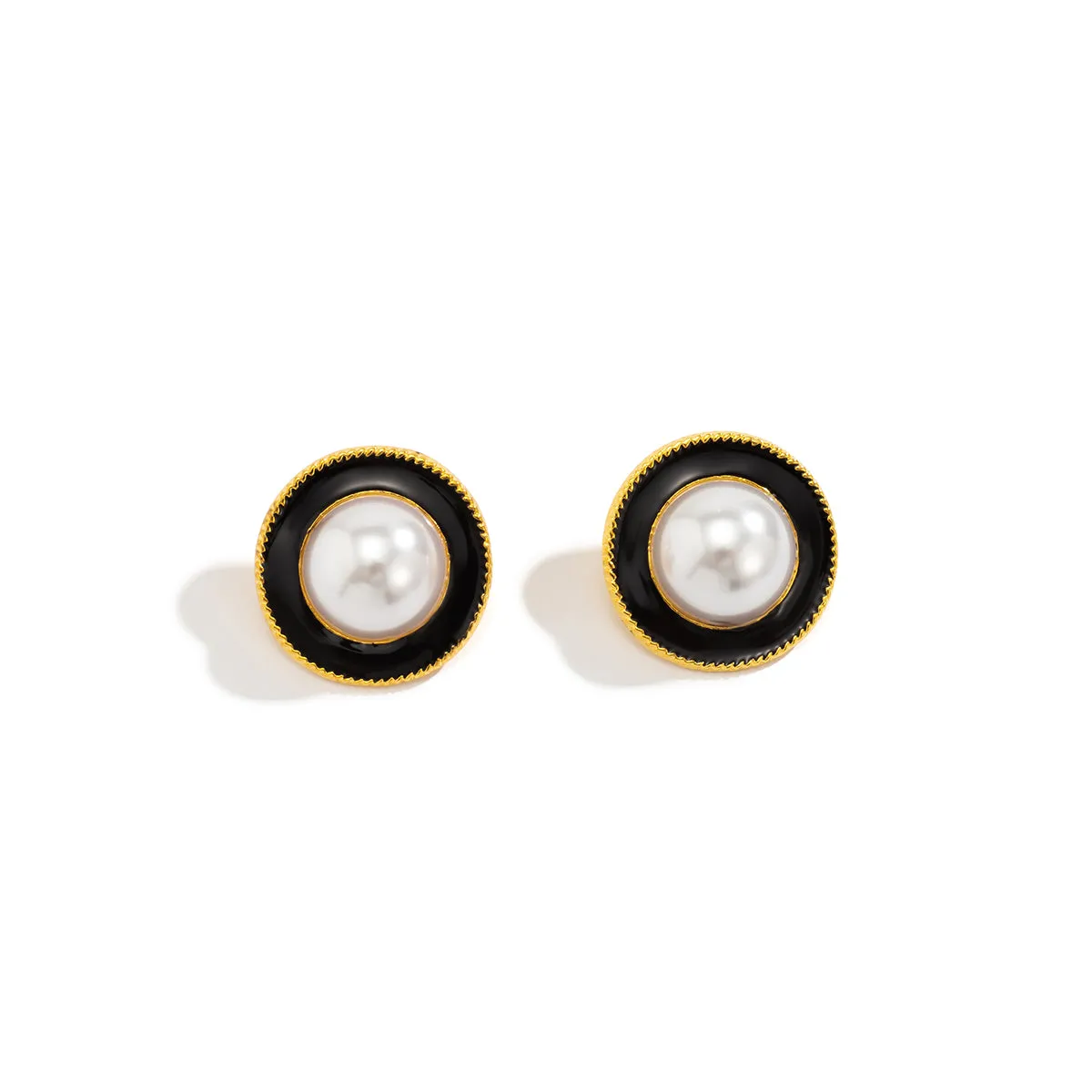 Black Enamel & Pearl Round Stud Earrings