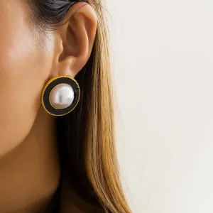 Black Enamel & Pearl Round Stud Earrings
