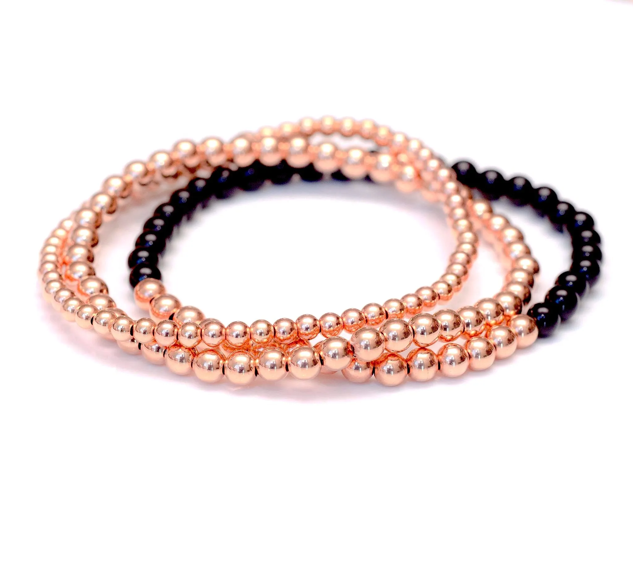 Black Onyx and 14k Rose Gold Ball Bead Stretch Bracelet - 4mm. Men and Women's Bracelet