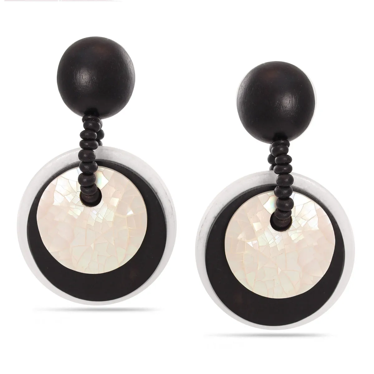 BLACK WOOD AND WHITE MOTHER OF PEARL STUD EARRING #FW-E129-8/W (SHCA5)