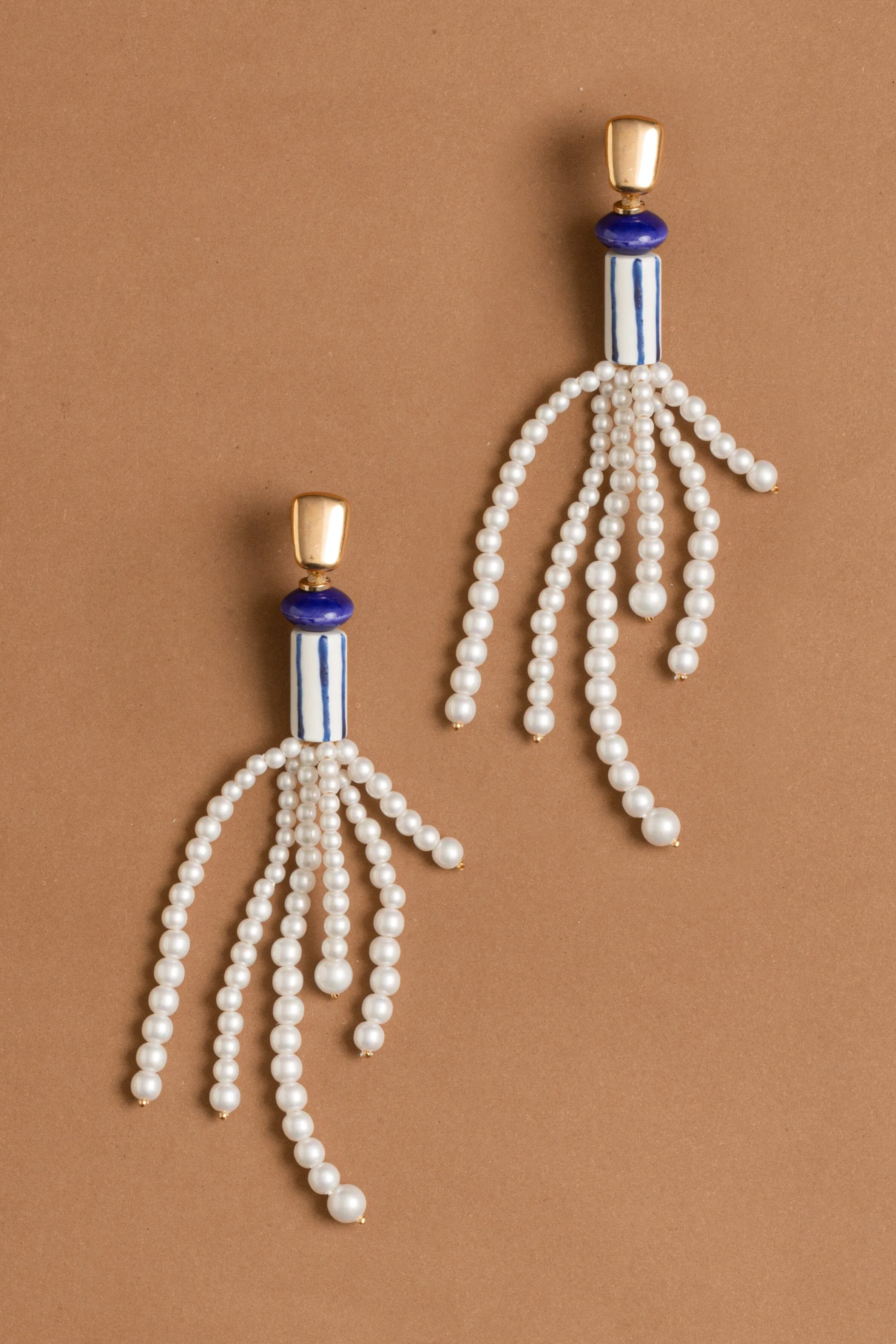 Blue & White Pearl Fringe  Earrings