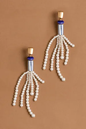 Blue & White Pearl Fringe  Earrings