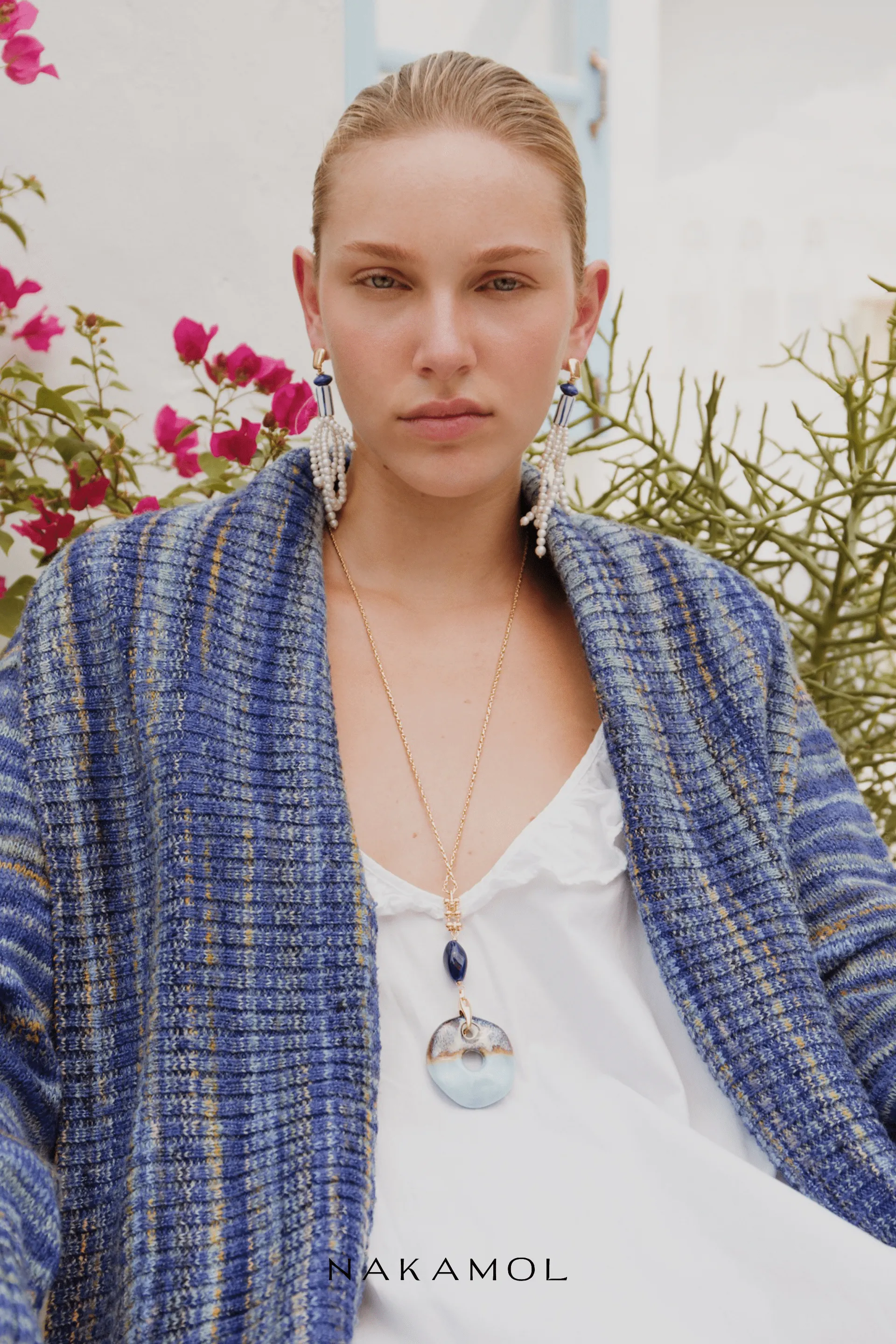 Blue & White Pearl Fringe  Earrings
