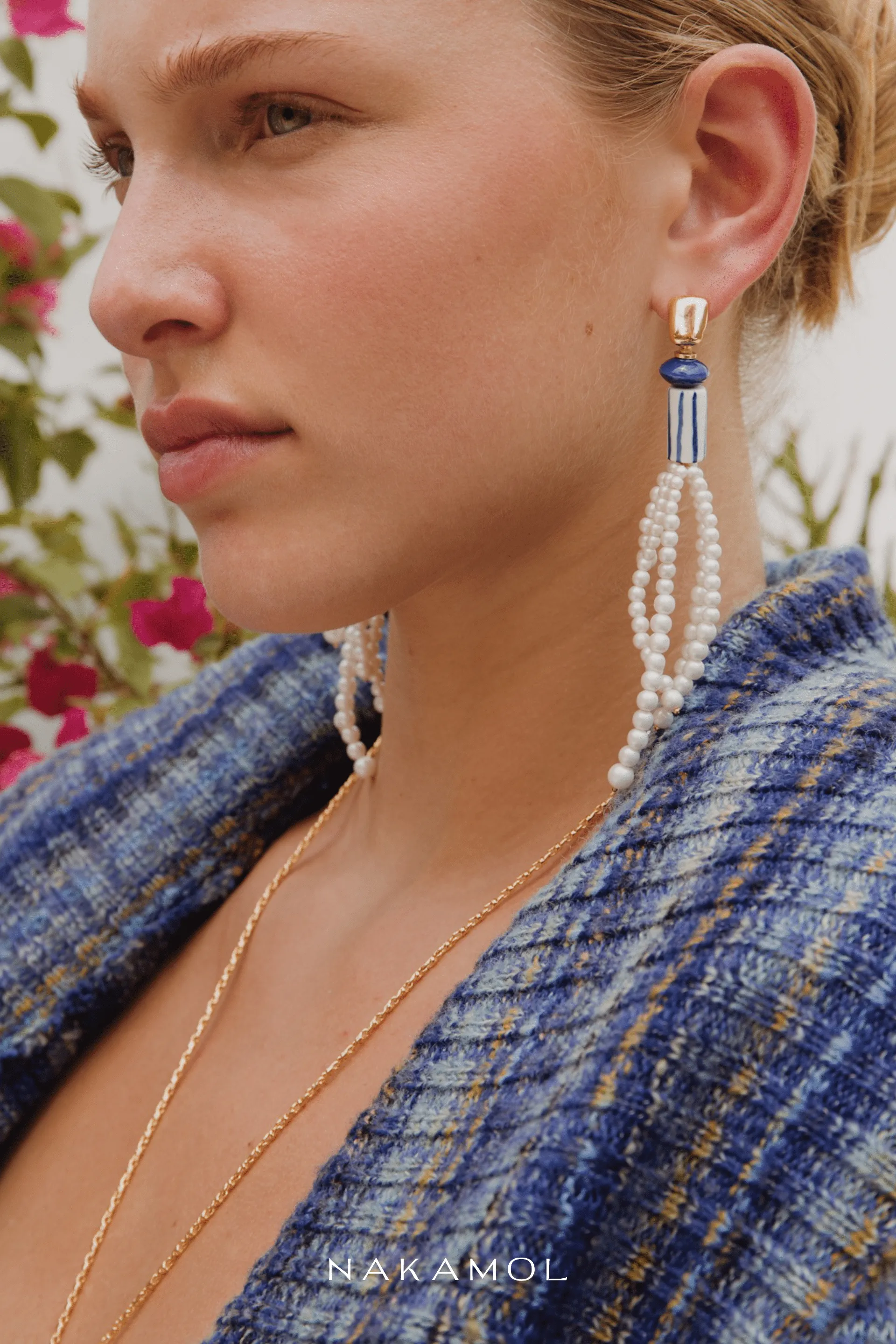 Blue & White Pearl Fringe  Earrings