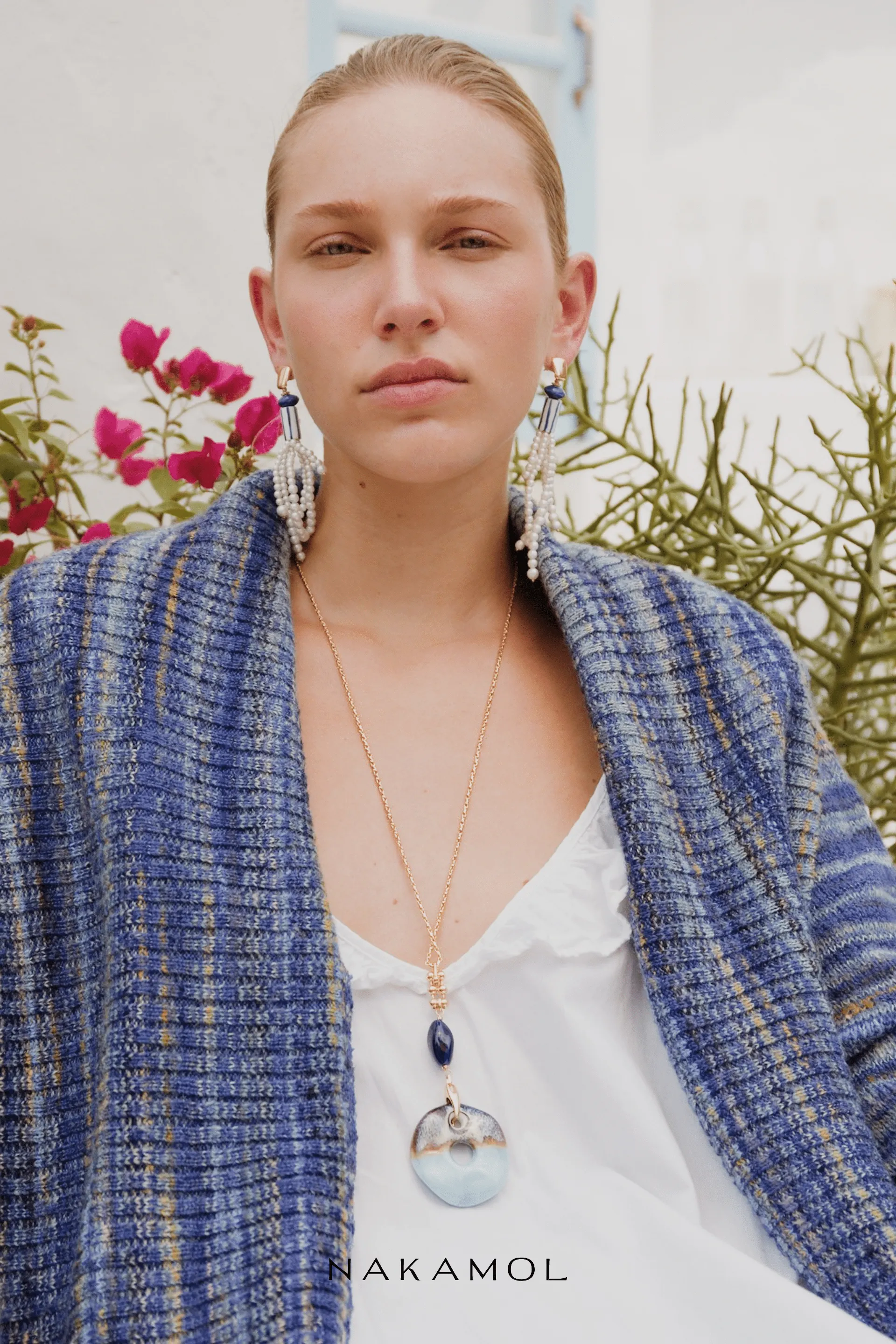 Blue & White Pearl Fringe  Earrings