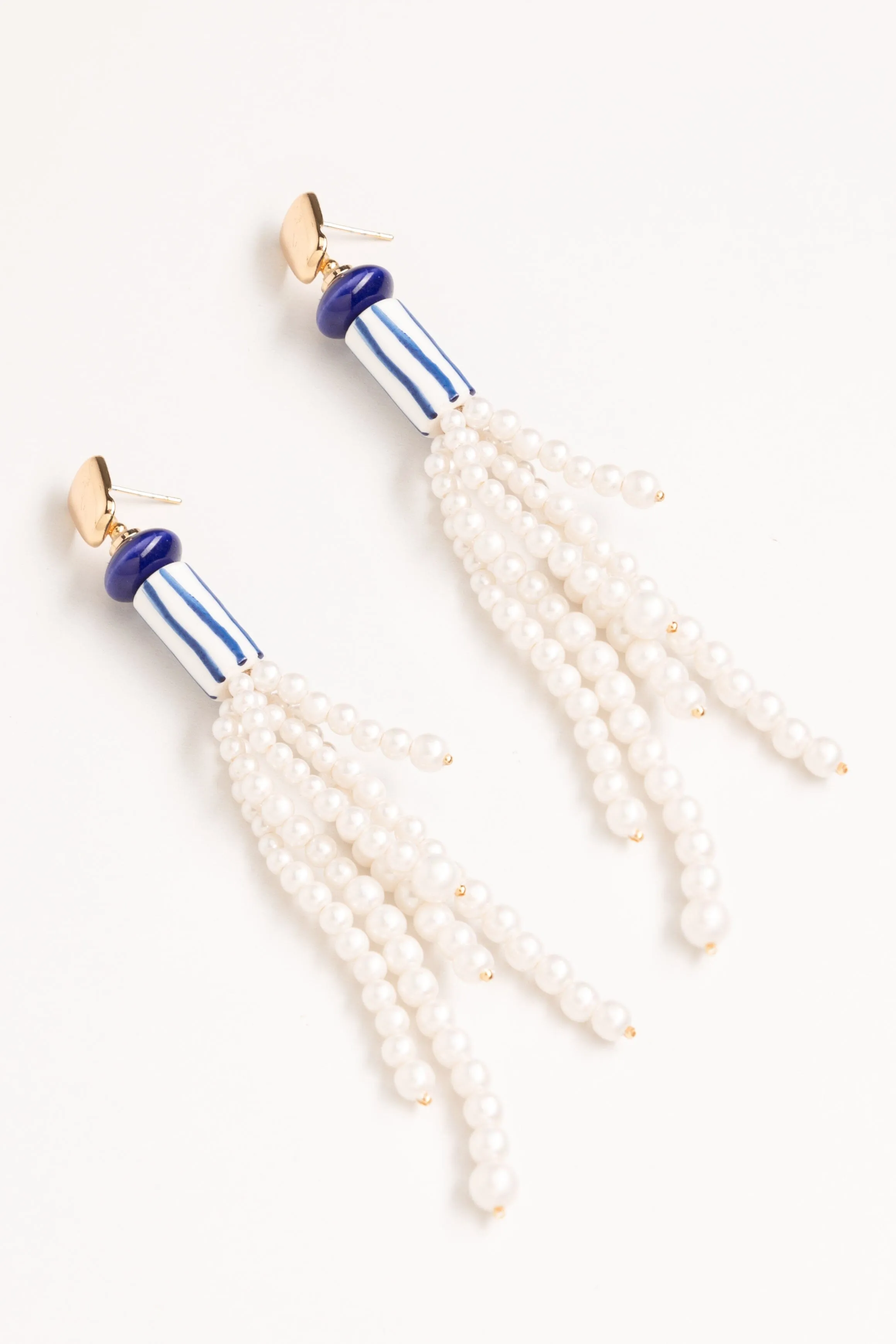 Blue & White Pearl Fringe  Earrings