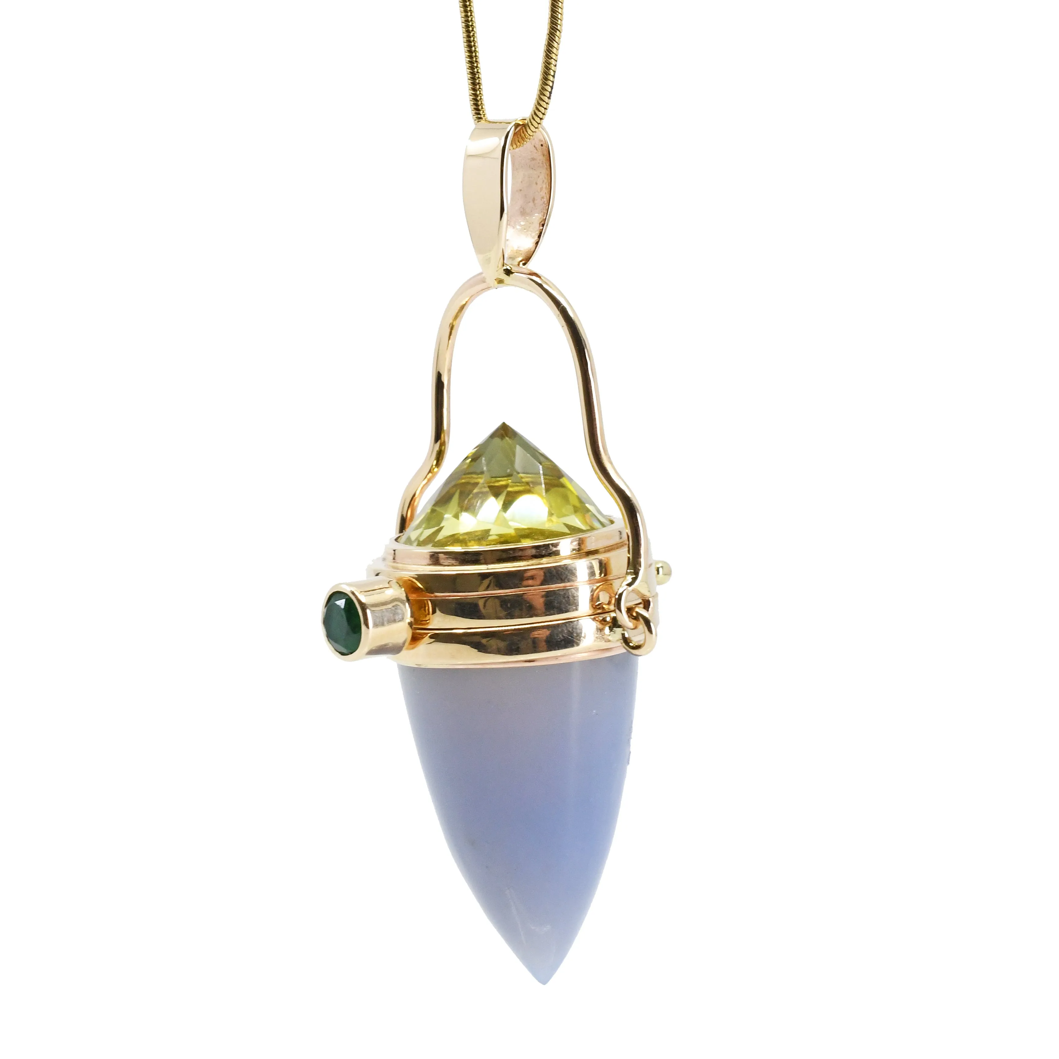 Blue Chalcedony with Lemon Citrine and Emerald 14k Handcrafted Gemstone Vessel Pendant Dimensions