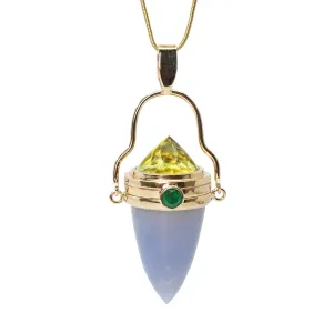 Blue Chalcedony with Lemon Citrine and Emerald 14k Handcrafted Gemstone Vessel Pendant Dimensions