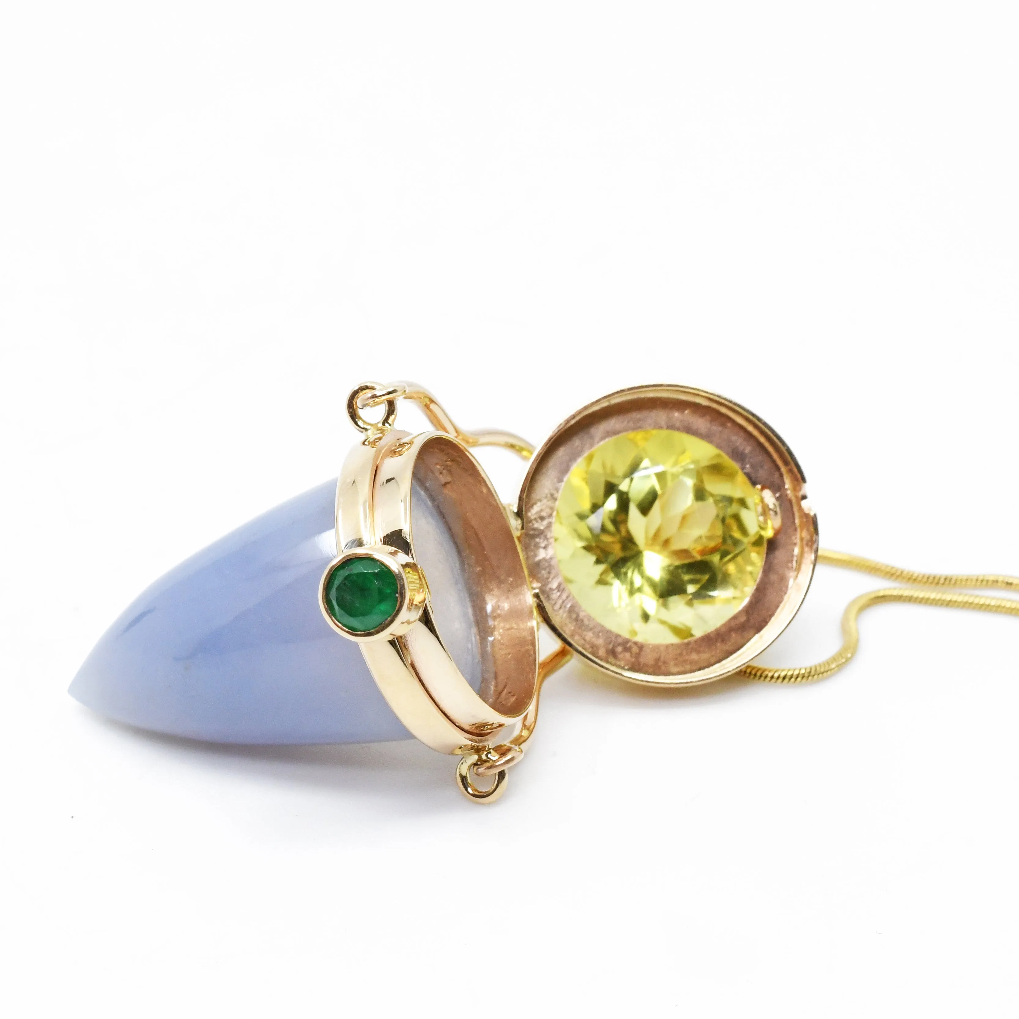 Blue Chalcedony with Lemon Citrine and Emerald 14k Handcrafted Gemstone Vessel Pendant Dimensions