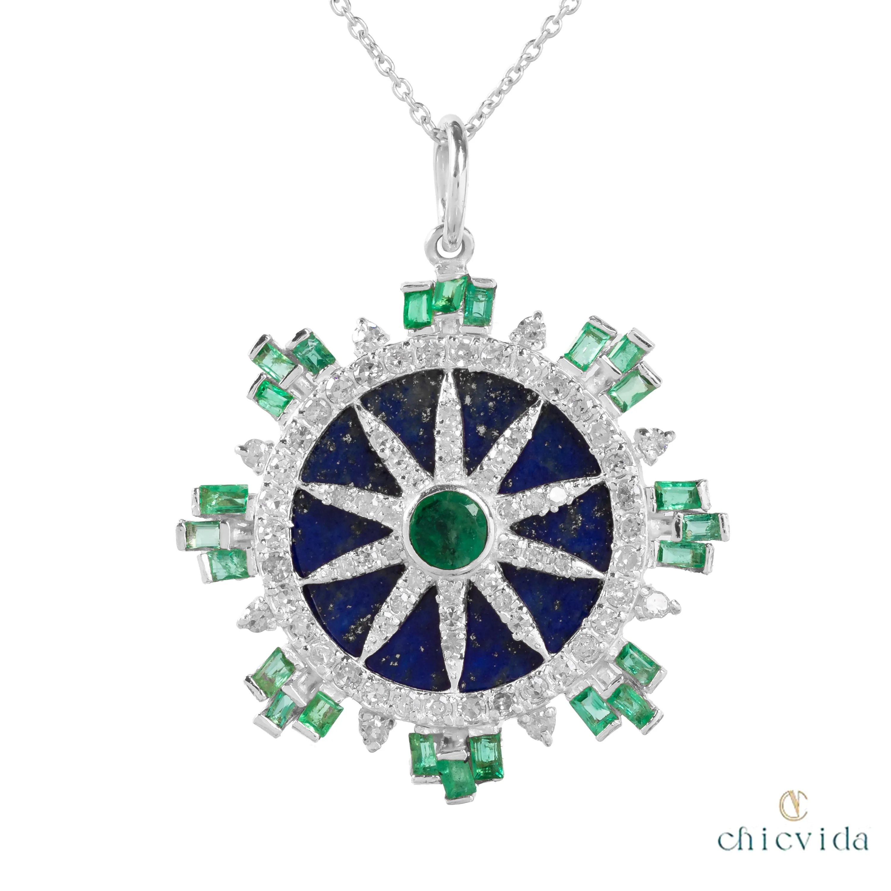 Botanical Lapis Lazuli Pendant with Emerald Diamond Halo