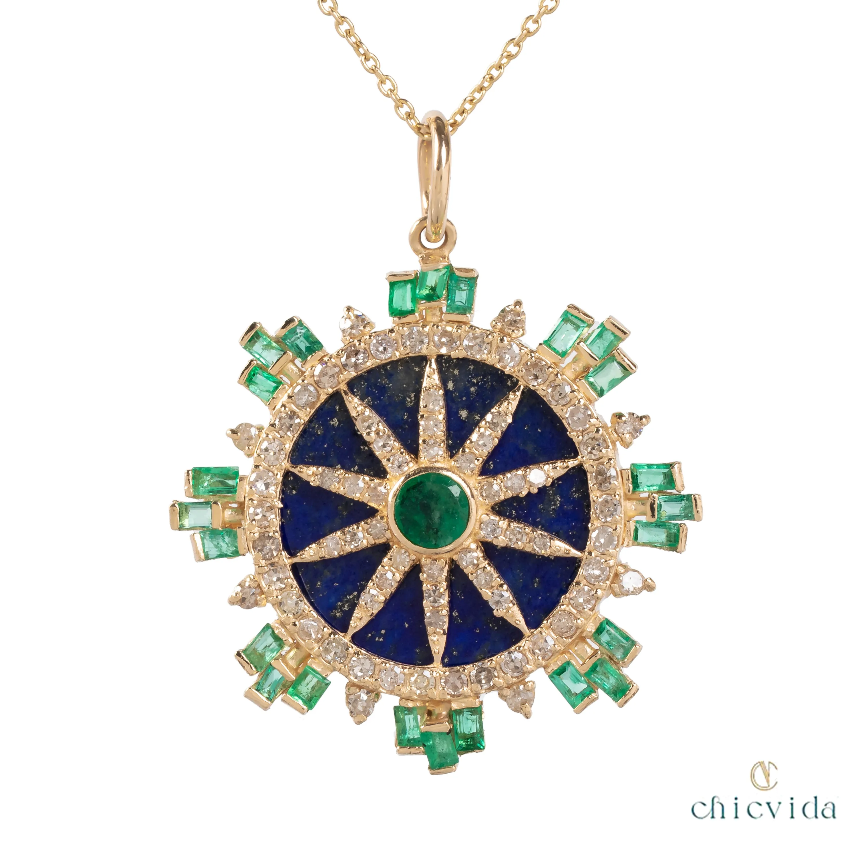 Botanical Lapis Lazuli Pendant with Emerald Diamond Halo