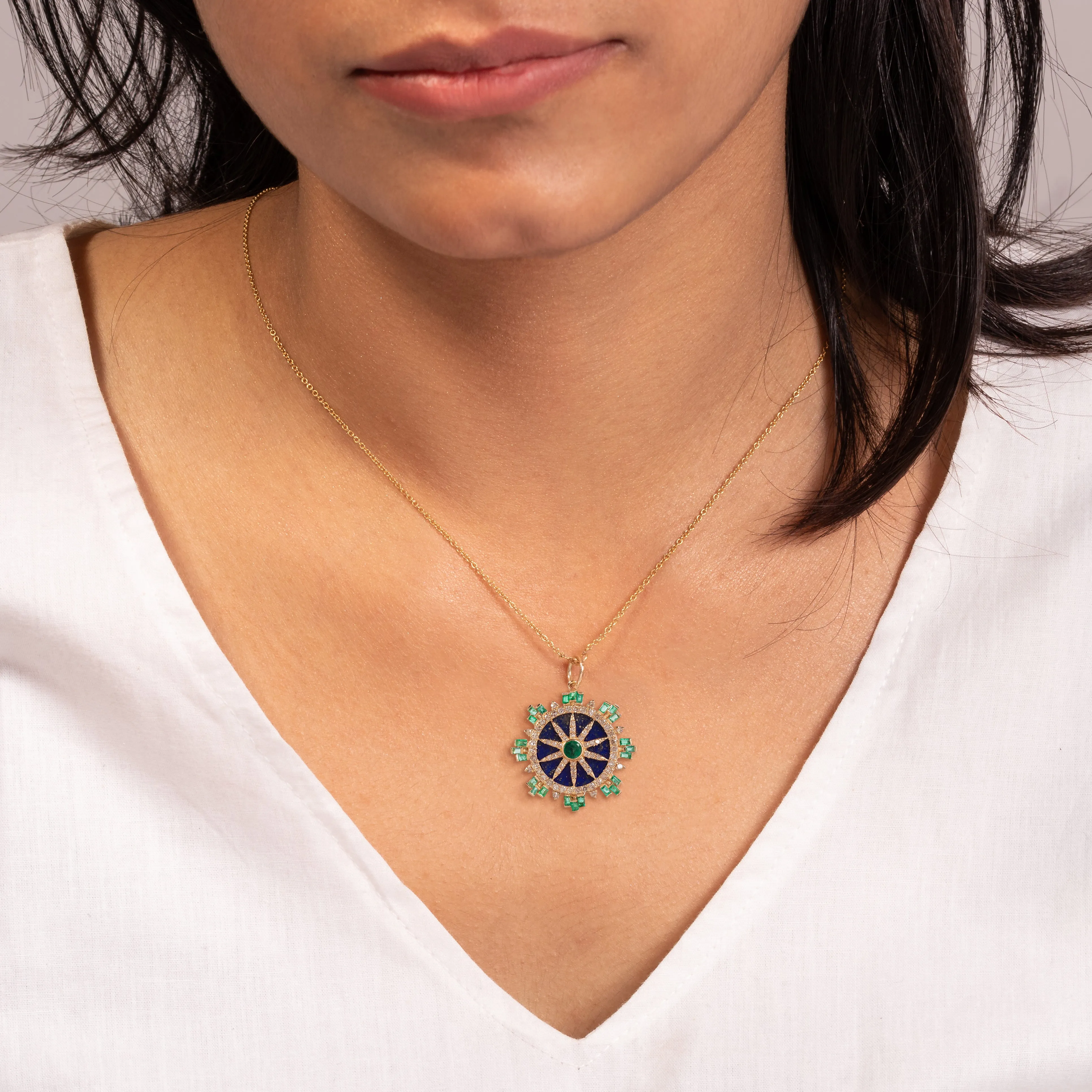 Botanical Lapis Lazuli Pendant with Emerald Diamond Halo