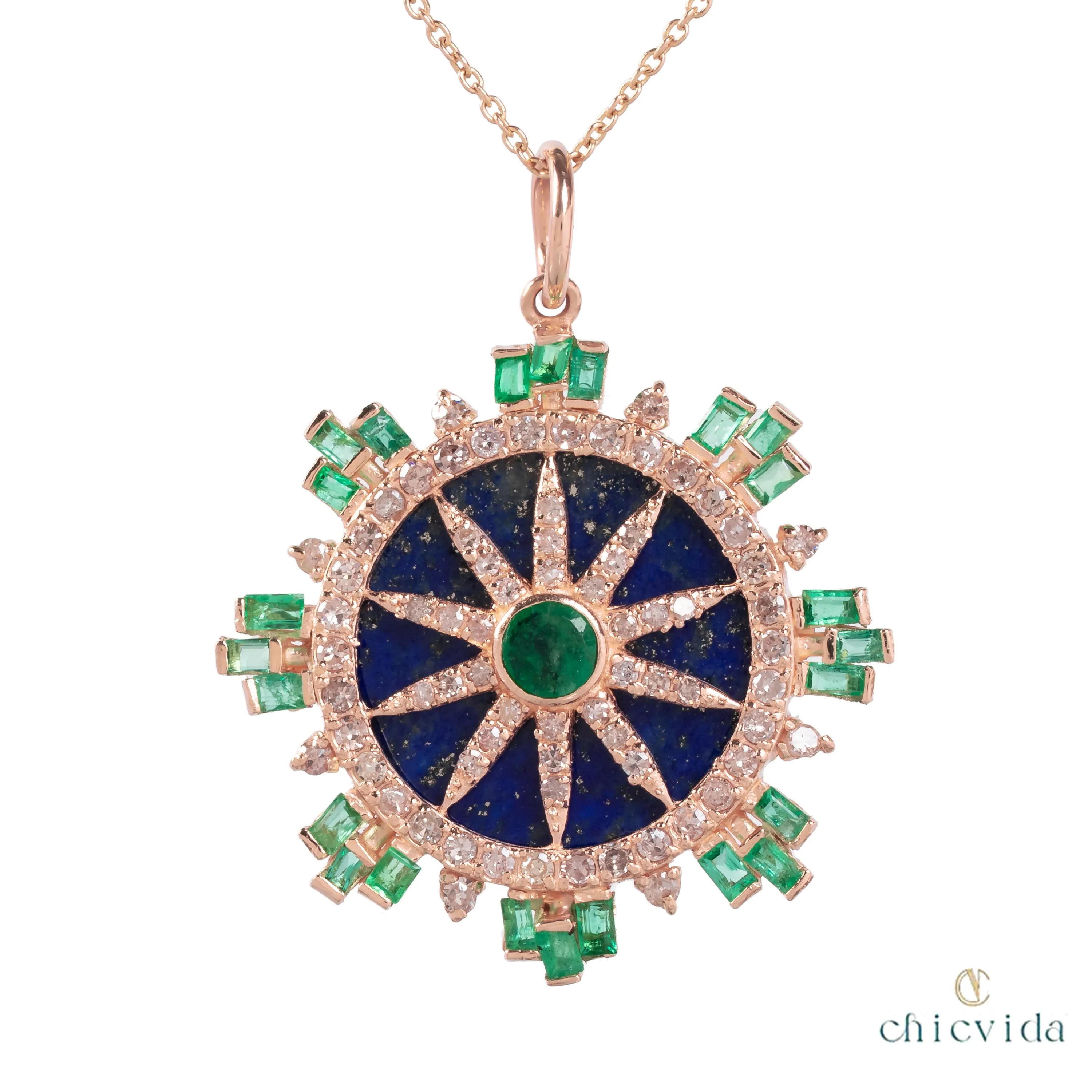 Botanical Lapis Lazuli Pendant with Emerald Diamond Halo