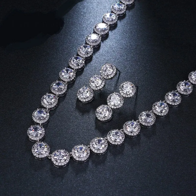 Bridal CZ Crystal Necklace and Earrings Set, CZ Diamond Crystal Choker Link Necklace and Dangle Earrings 3 PC Wedding Crystal Jewelry Set