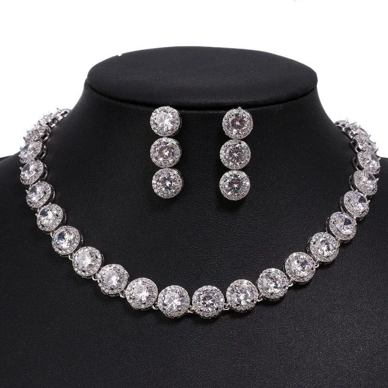 Bridal CZ Crystal Necklace and Earrings Set, CZ Diamond Crystal Choker Link Necklace and Dangle Earrings 3 PC Wedding Crystal Jewelry Set